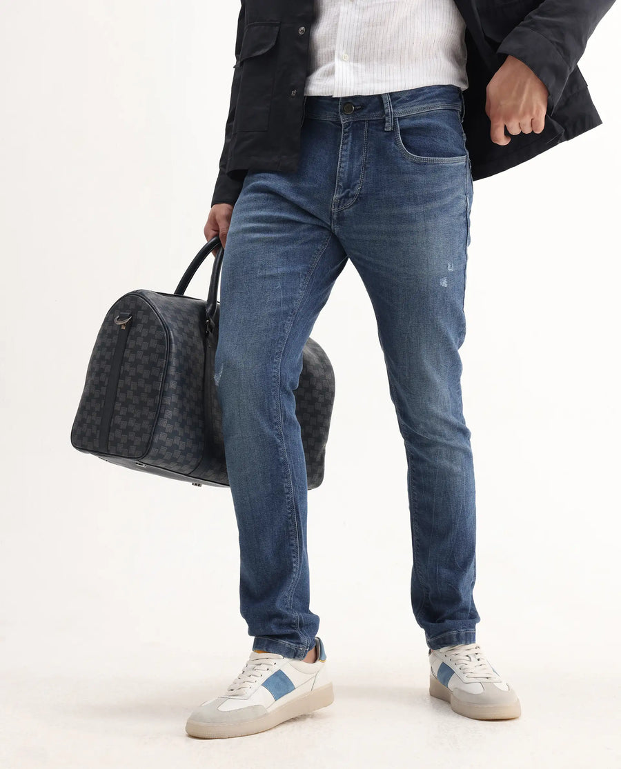 Rare Rabbit Men's Lonar Blue Cotton Blend Plain Hawk Slim Fit Jeans
