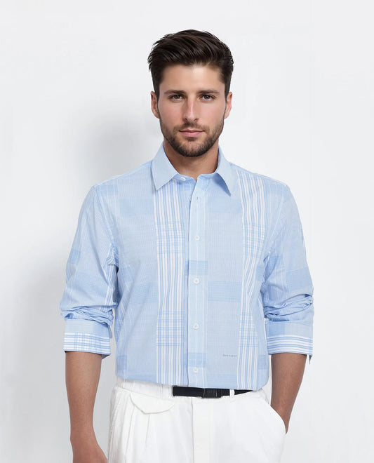 Rare Rabbit Men's Lon Light Blue Cotton Checked Print Regular Fit Full Sleeve Collared Shirt