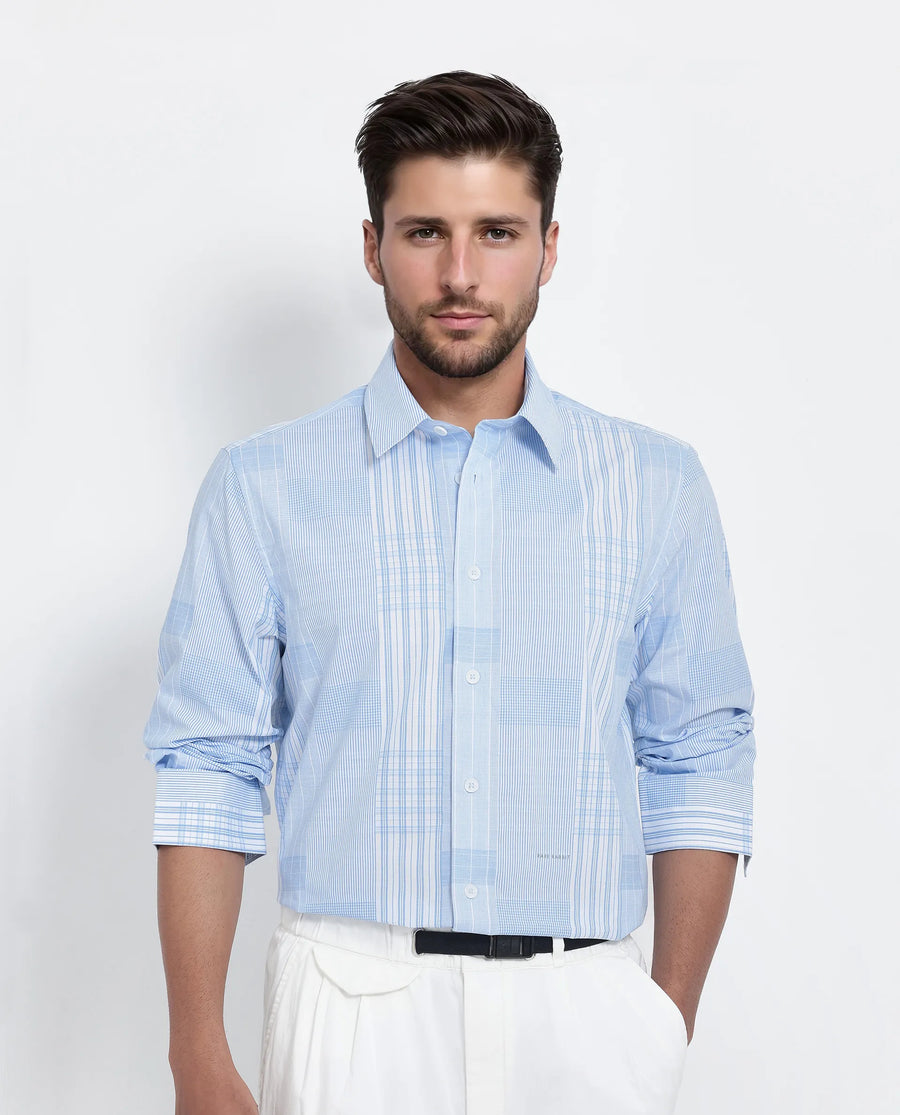 Rare Rabbit Men's Lon Light Blue Cotton Checked Print Regular Fit Full Sleeve Collared Shirt