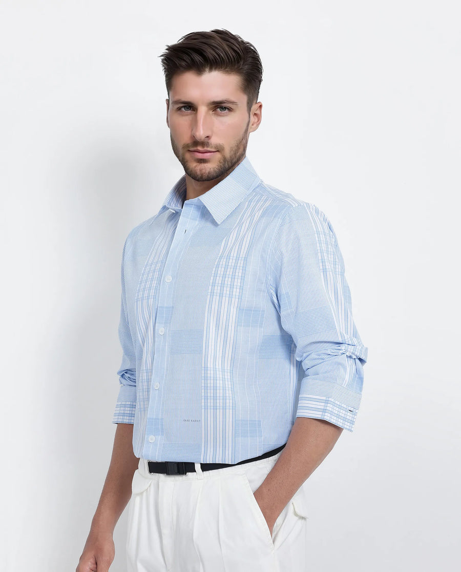Rare Rabbit Men's Lon Light Blue Cotton Checked Print Regular Fit Full Sleeve Collared Shirt