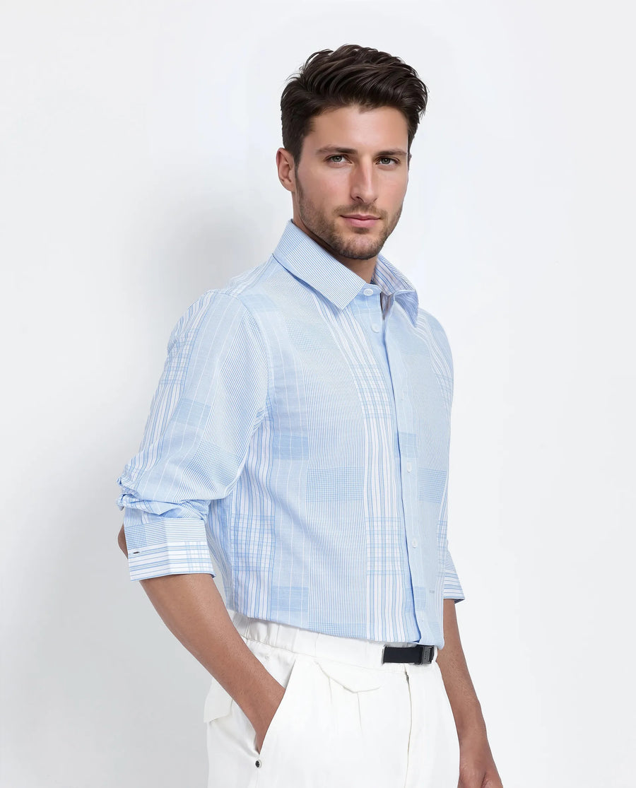 Rare Rabbit Men's Lon Light Blue Cotton Checked Print Regular Fit Full Sleeve Collared Shirt