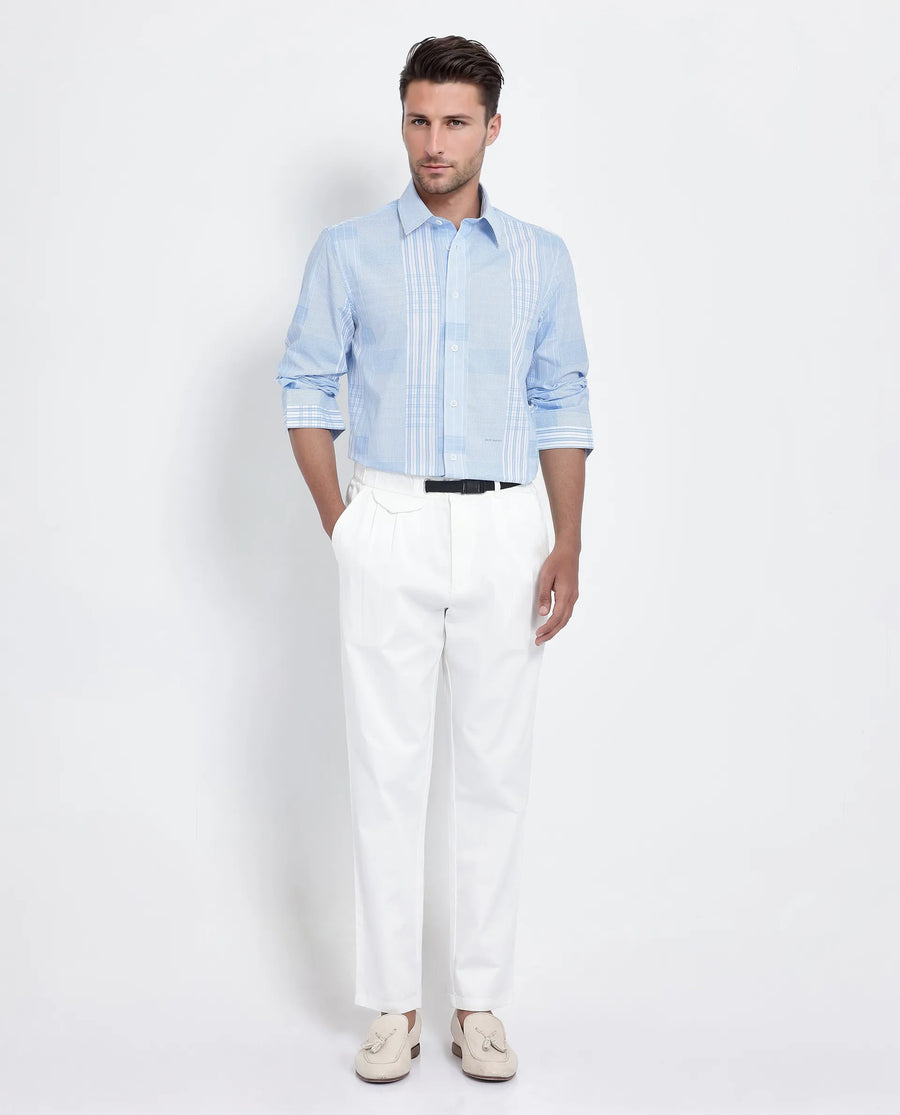 Rare Rabbit Men's Lon Light Blue Cotton Checked Print Regular Fit Full Sleeve Collared Shirt