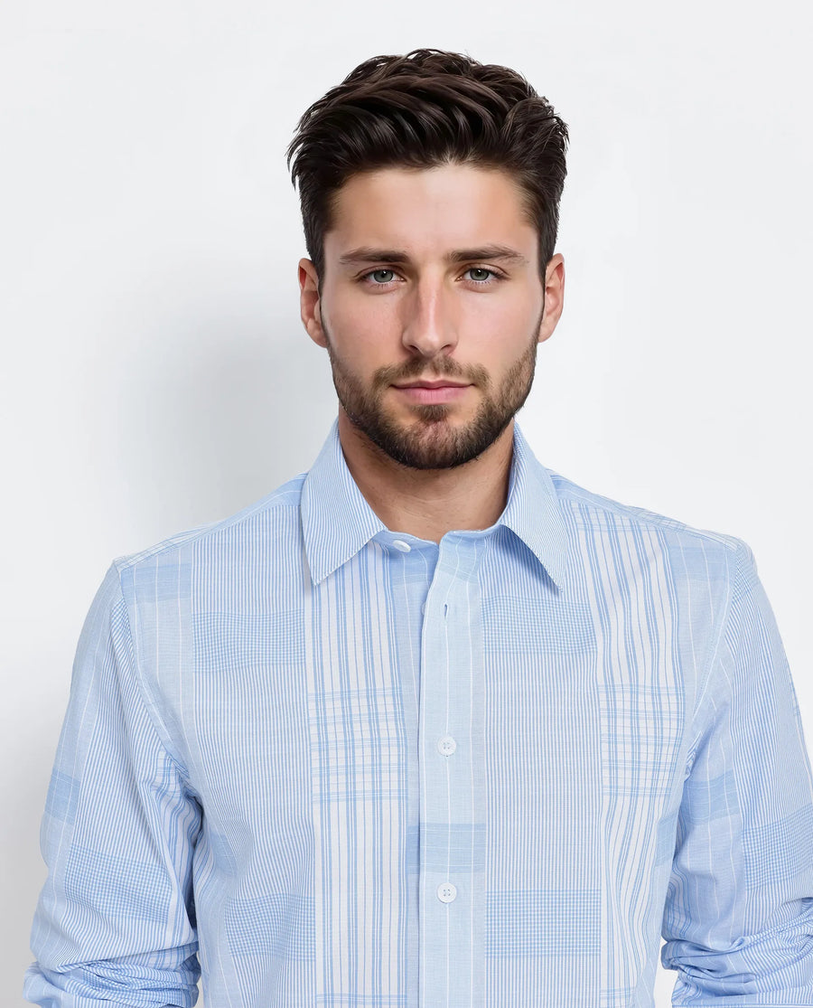 Rare Rabbit Men's Lon Light Blue Cotton Checked Print Regular Fit Full Sleeve Collared Shirt