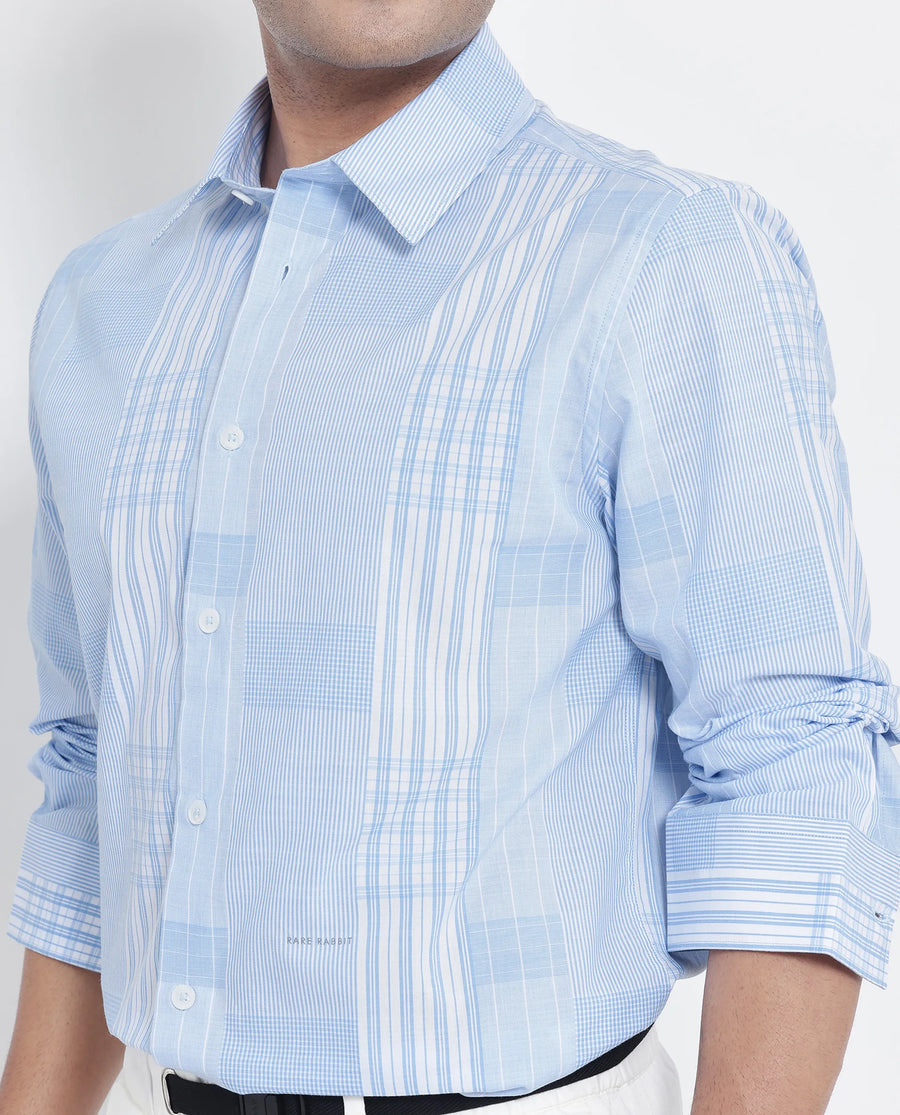 Rare Rabbit Men's Lon Light Blue Cotton Checked Print Regular Fit Full Sleeve Collared Shirt