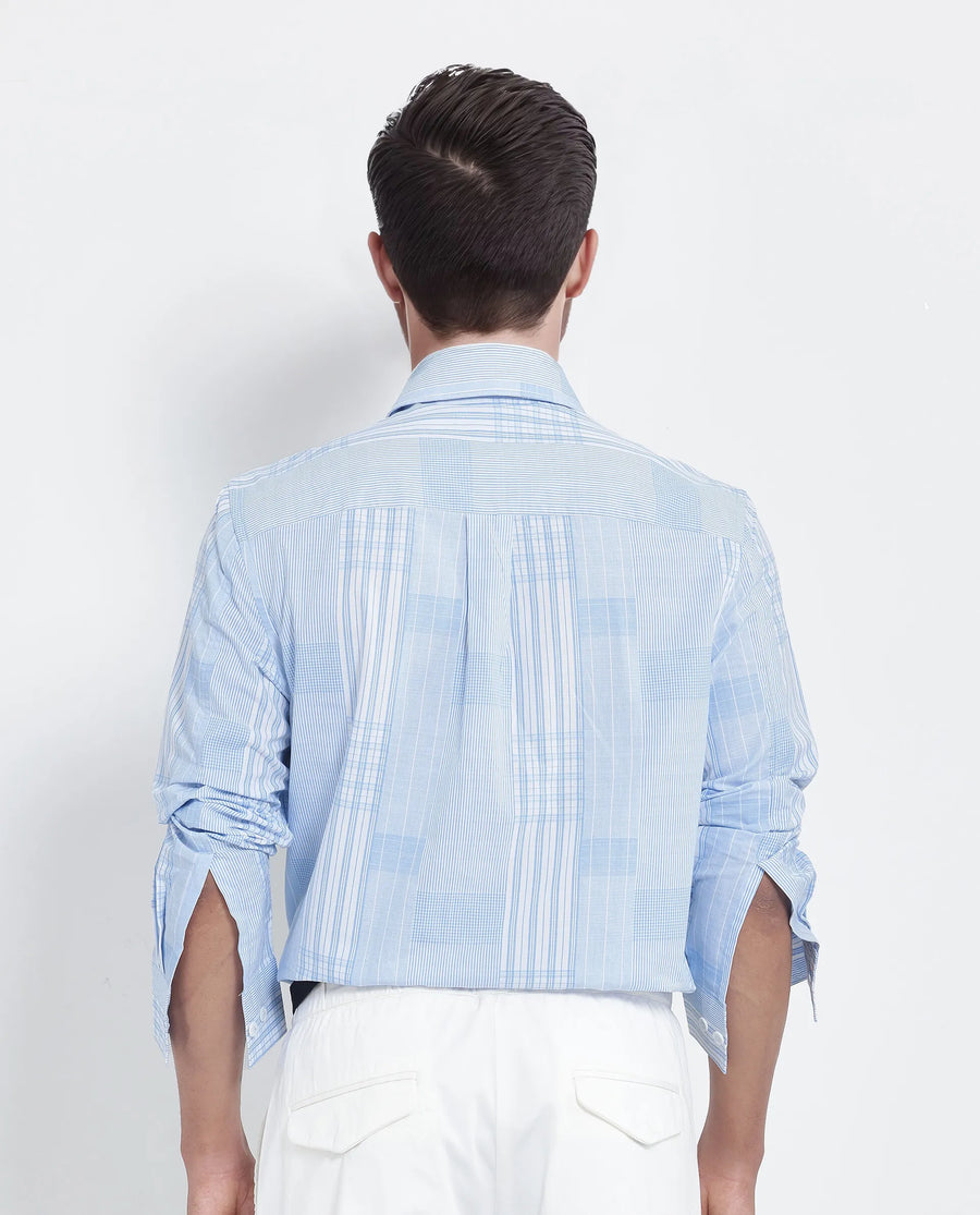 Rare Rabbit Men's Lon Light Blue Cotton Checked Print Regular Fit Full Sleeve Collared Shirt