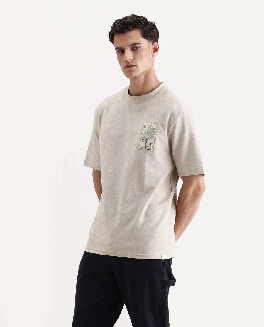 Rare Rabbit Men's Loopet Beige Cotton Embroidered Oversized Fit Half Sleeve Crew Neck T-Shirt