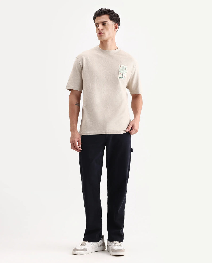 Rare Rabbit Men's Loopet Beige Cotton Embroidered Oversized Fit Half Sleeve Crew Neck T-Shirt