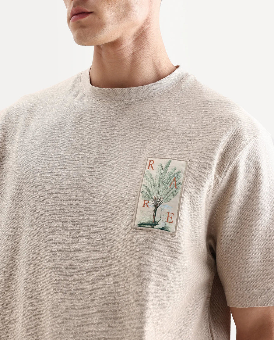 Rare Rabbit Men's Loopet Beige Cotton Embroidered Oversized Fit Half Sleeve Crew Neck T-Shirt