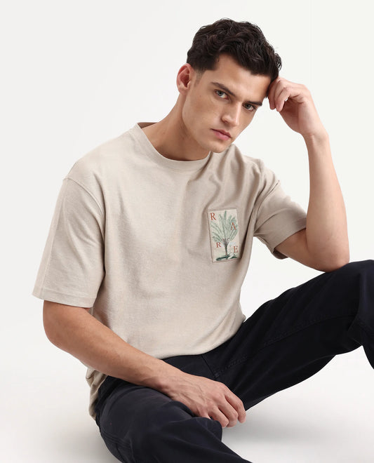 Rare Rabbit Men's Loopet Beige Cotton Embroidered Oversized Fit Half Sleeve Crew Neck T-Shirt