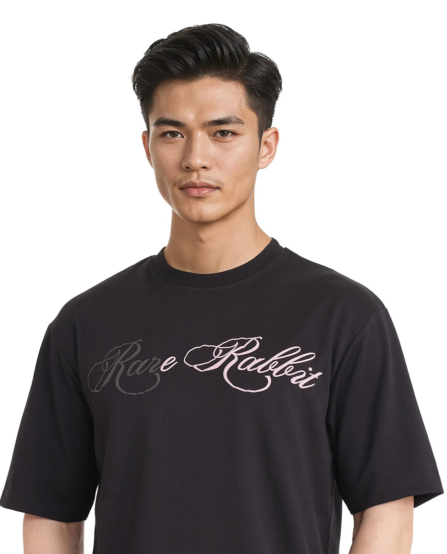 Rare Rabbit Men's Lop Black Cotton Graphic Print Boxy Fit Half Sleeve Crew Neck T-Shirt