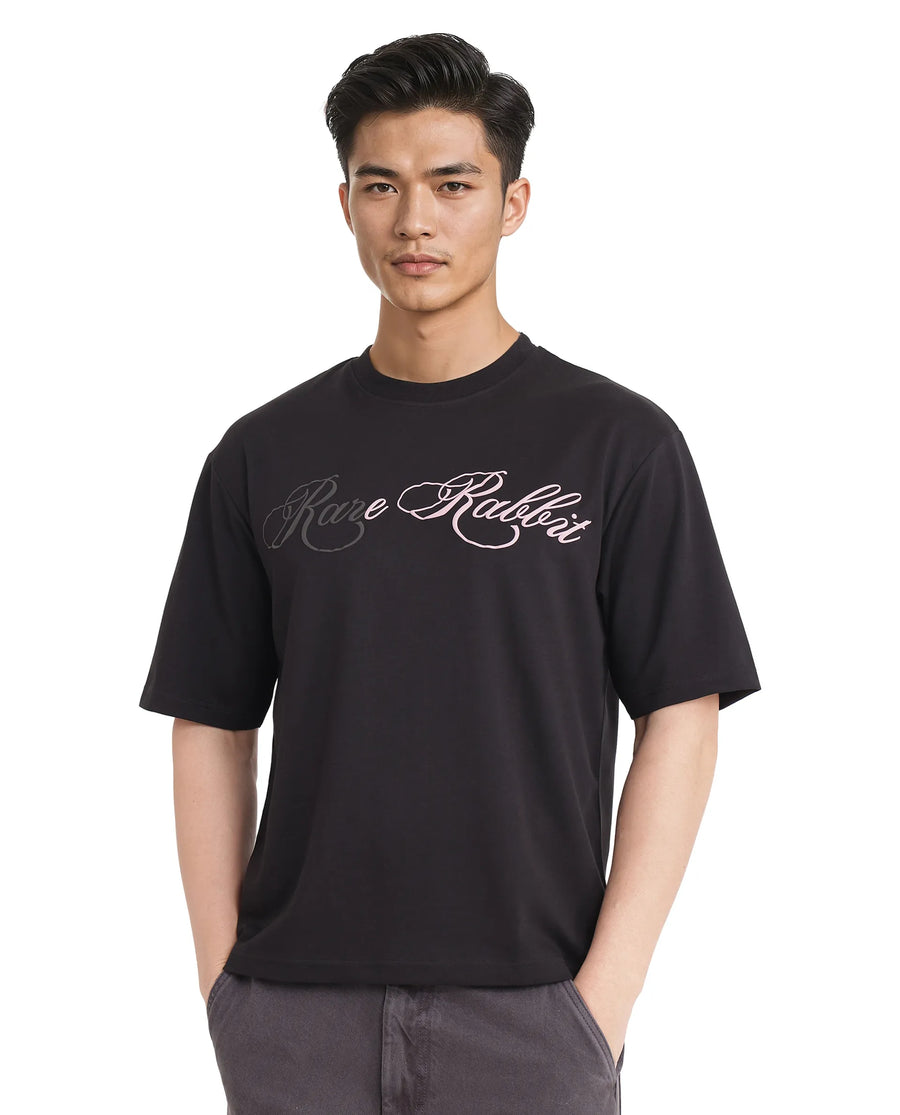 Rare Rabbit Men's Lop Black Cotton Graphic Print Boxy Fit Half Sleeve Crew Neck T-Shirt