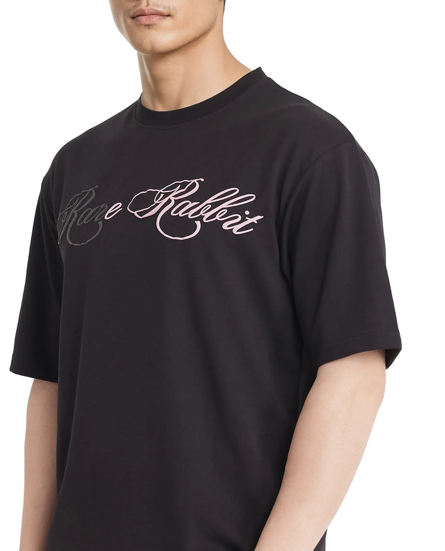 Rare Rabbit Men's Lop Black Cotton Graphic Print Boxy Fit Half Sleeve Crew Neck T-Shirt