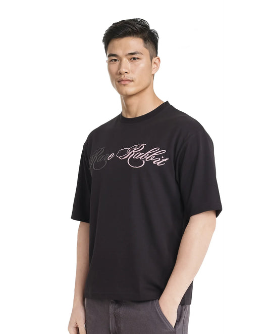 Rare Rabbit Men's Lop Black Cotton Graphic Print Boxy Fit Half Sleeve Crew Neck T-Shirt