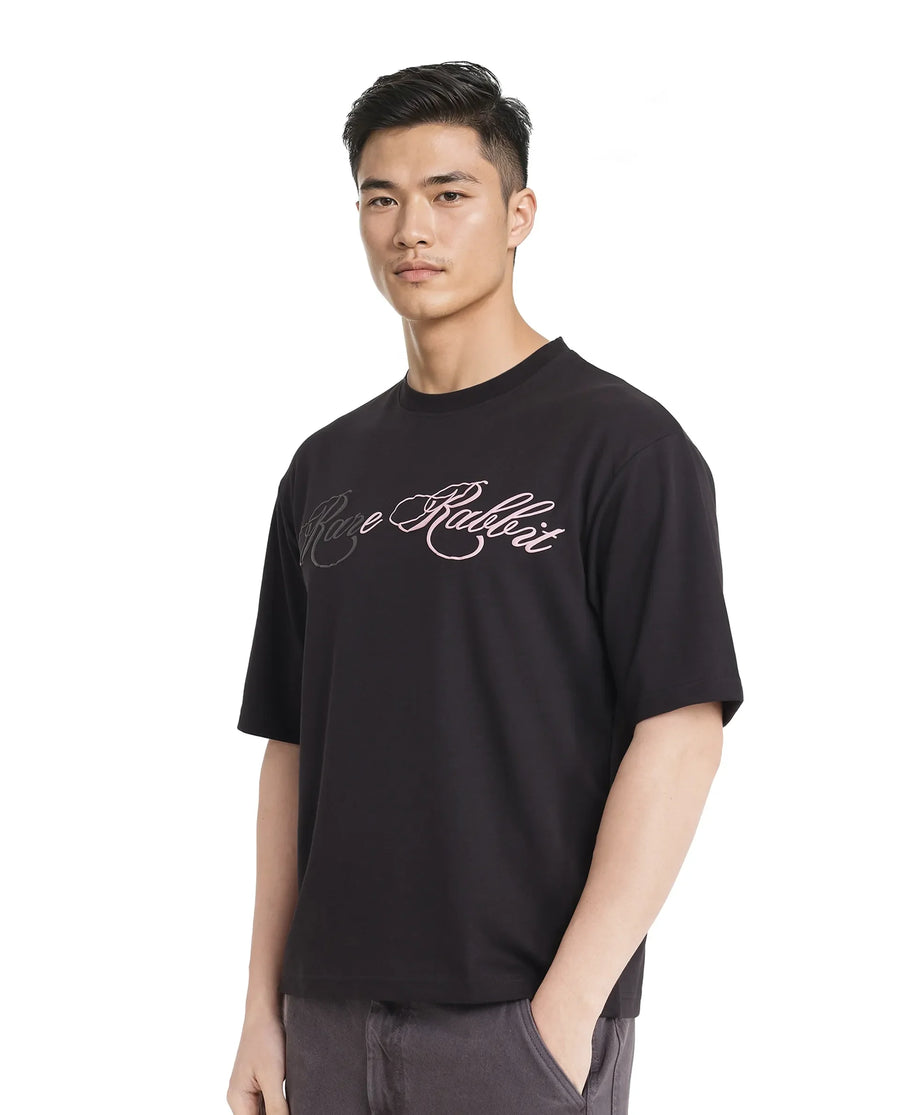 Rare Rabbit Men's Lop Black Cotton Graphic Print Boxy Fit Half Sleeve Crew Neck T-Shirt