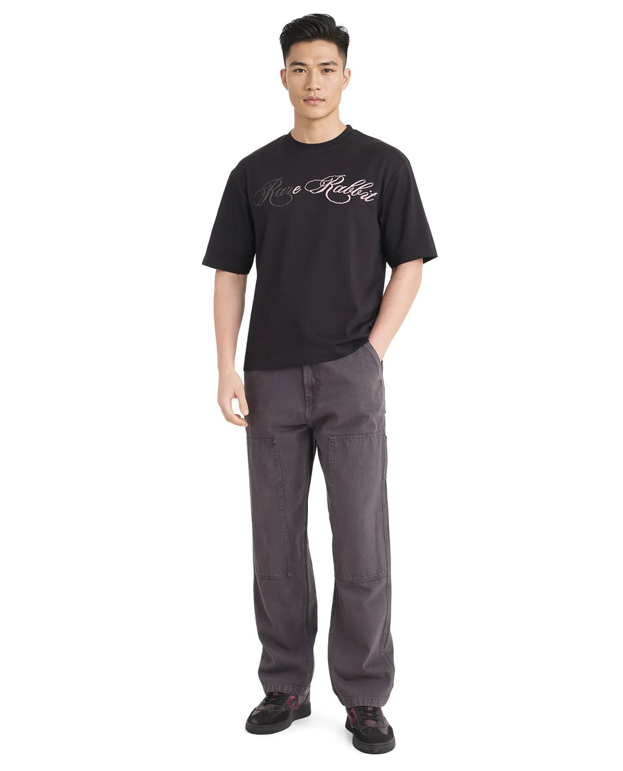 Rare Rabbit Men's Lop Black Cotton Graphic Print Boxy Fit Half Sleeve Crew Neck T-Shirt