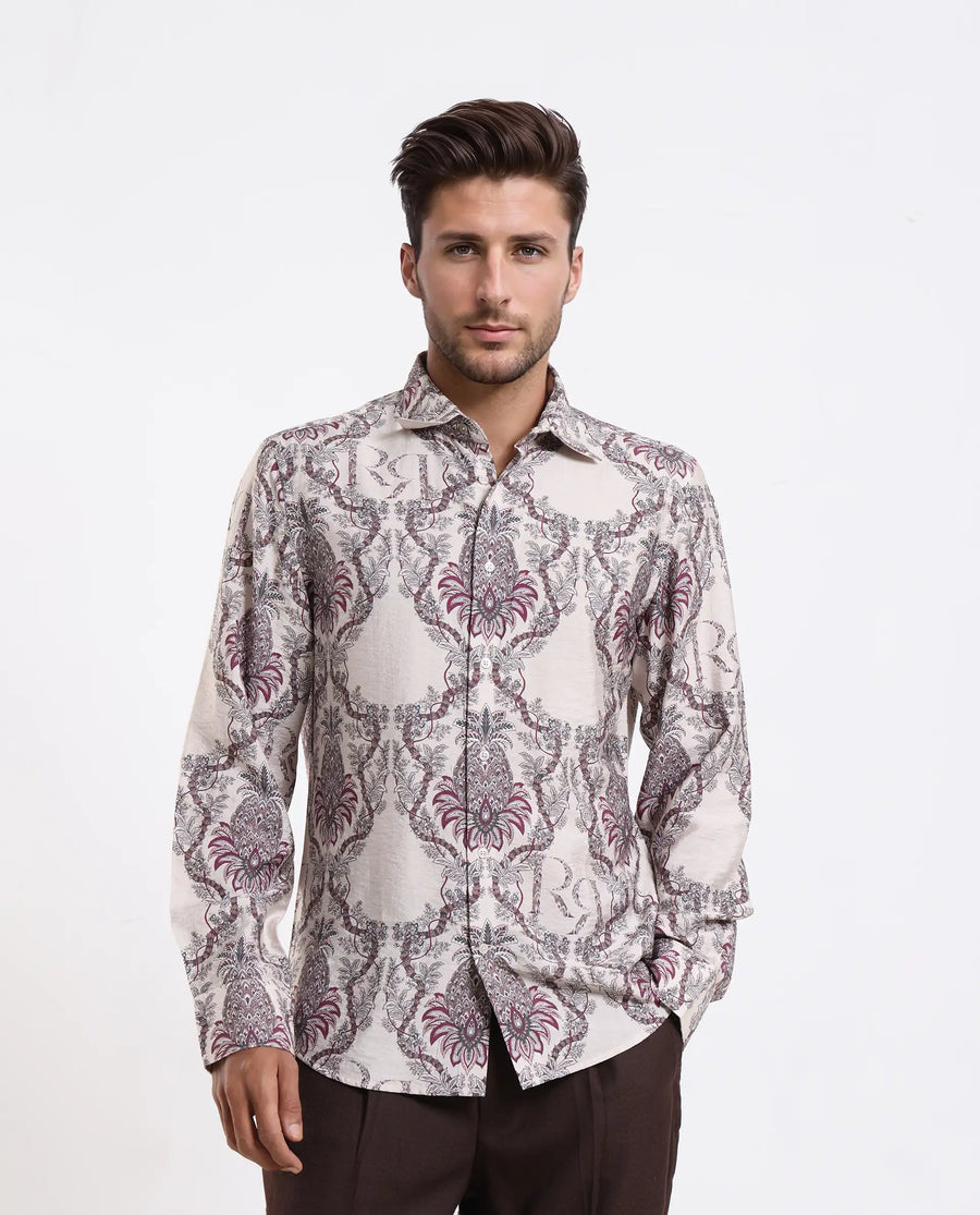 Rare Rabbit Men's Lorat Dusky Peach Viscose Blend Digital Print Regular Fit Full Sleeve Collared Shirt
