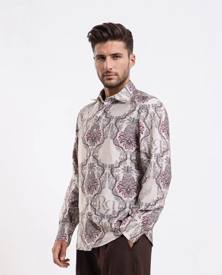 Rare Rabbit Men's Lorat Dusky Peach Viscose Blend Digital Print Regular Fit Full Sleeve Collared Shirt