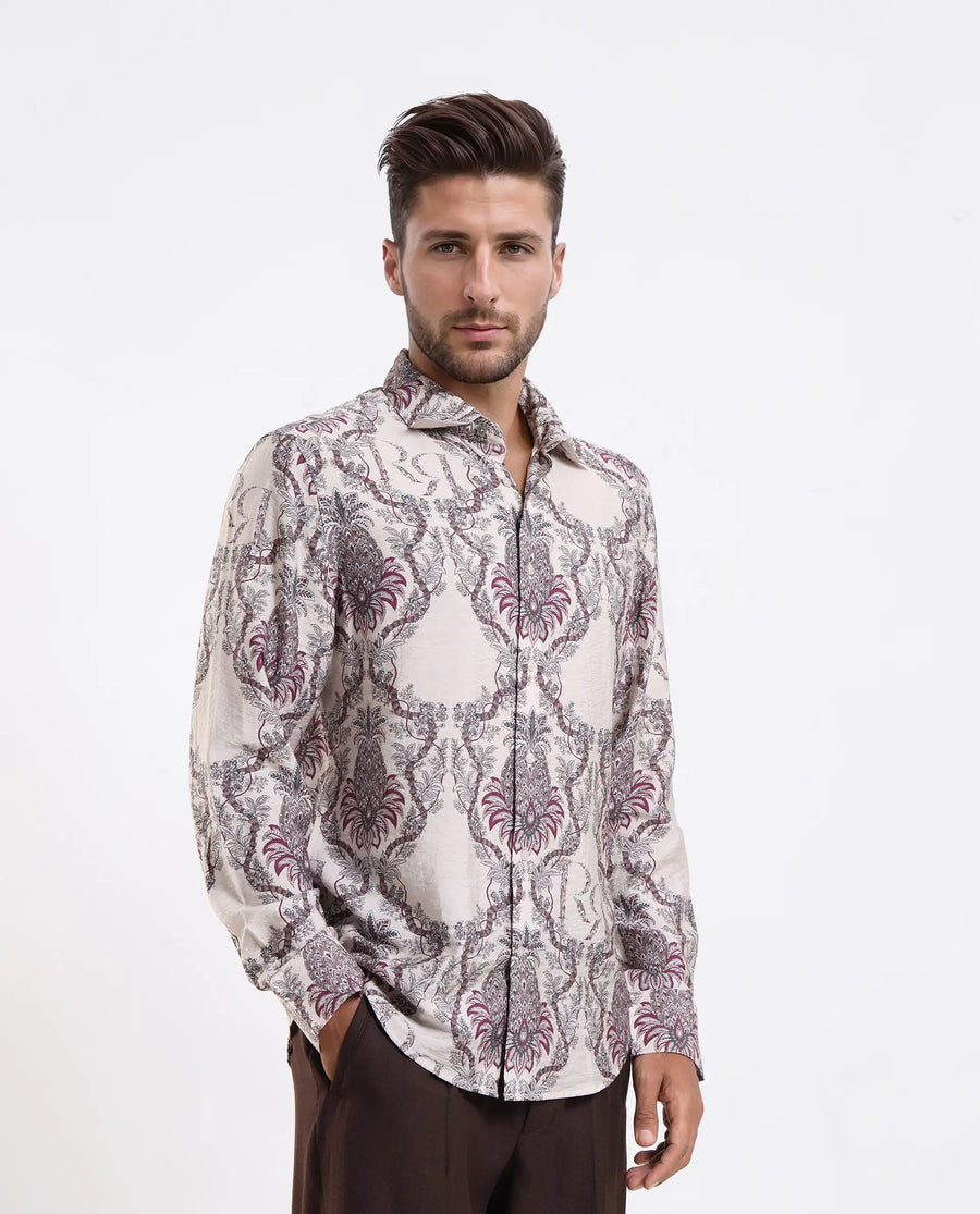 Rare Rabbit Men's Lorat Dusky Peach Viscose Blend Digital Print Regular Fit Full Sleeve Collared Shirt
