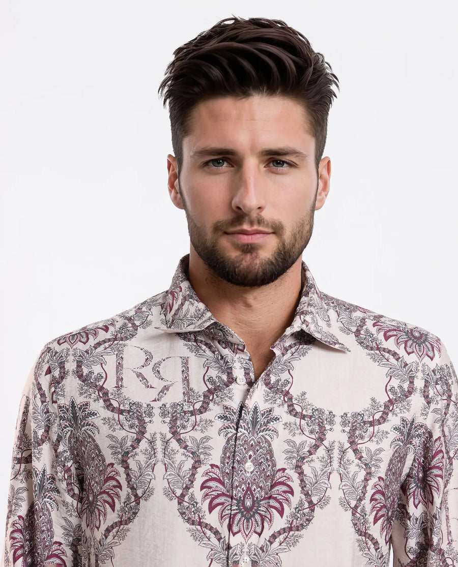 Rare Rabbit Men's Lorat Dusky Peach Viscose Blend Digital Print Regular Fit Full Sleeve Collared Shirt