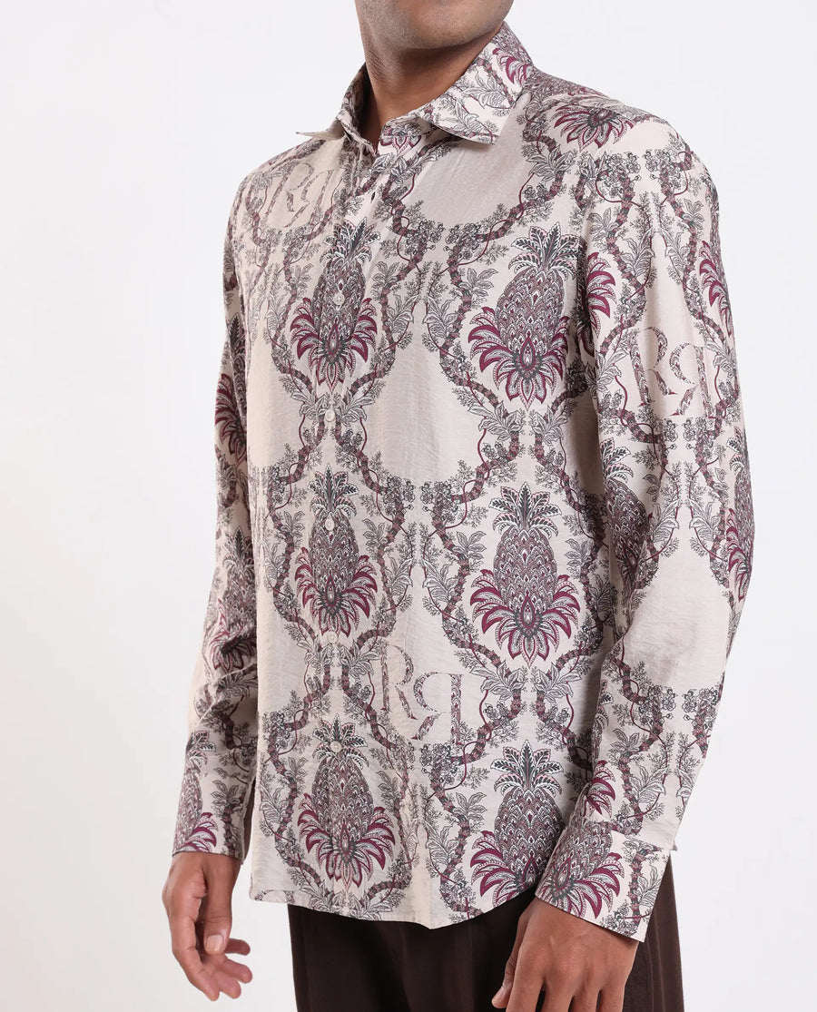 Rare Rabbit Men's Lorat Dusky Peach Viscose Blend Digital Print Regular Fit Full Sleeve Collared Shirt