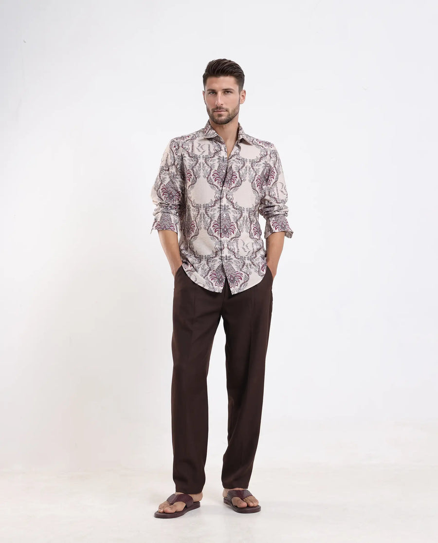 Rare Rabbit Men's Lorat Dusky Peach Viscose Blend Digital Print Regular Fit Full Sleeve Collared Shirt