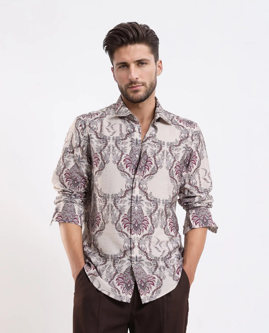 Rare Rabbit Men's Lorat Dusky Peach Viscose Blend Digital Print Regular Fit Full Sleeve Collared Shirt