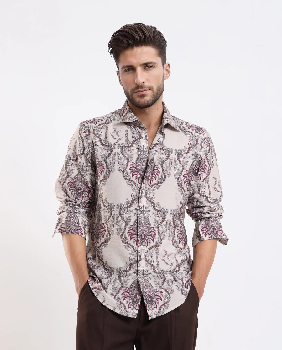 Rare Rabbit Men's Lorat Dusky Peach Viscose Blend Digital Print Regular Fit Full Sleeve Collared Shirt