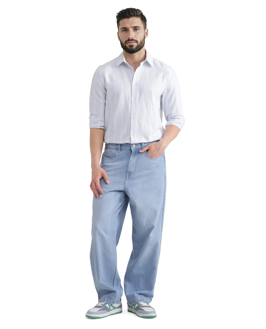 Rare Rabbit Men's Lorb Light Blue Cotton Striped Print Regular Fit Full Sleeve Collared Shirt