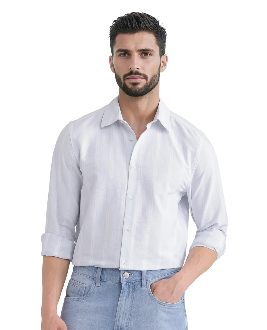 Rare Rabbit Men's Lorb Light Blue Cotton Striped Print Regular Fit Full Sleeve Collared Shirt