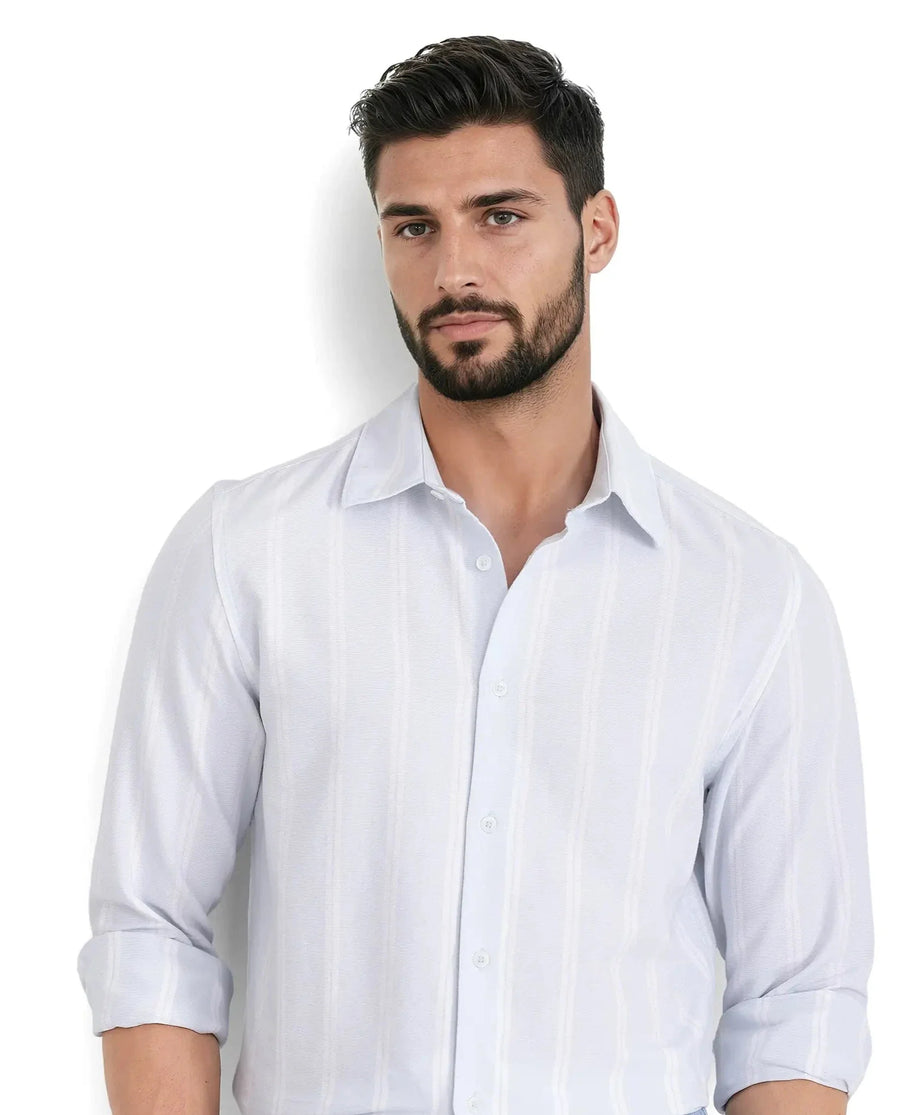 Rare Rabbit Men's Lorb Light Blue Cotton Striped Print Regular Fit Full Sleeve Collared Shirt