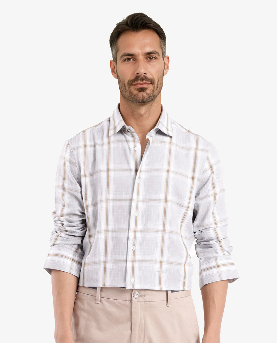Rare Rabbit Men's Lorde Light Grey Cotton Checked Print Regular Fit Full Sleeve Collared Shirt