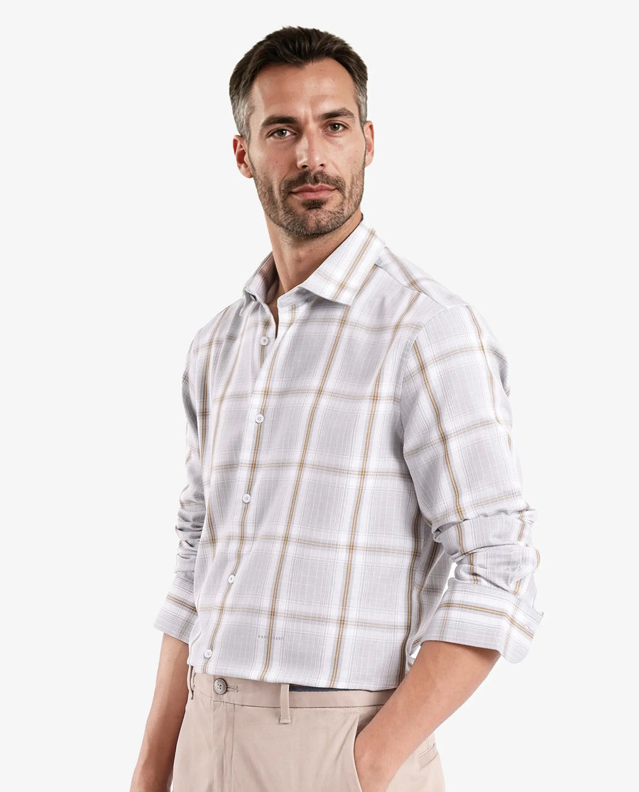 Rare Rabbit Men's Lorde Light Grey Cotton Checked Print Regular Fit Full Sleeve Collared Shirt