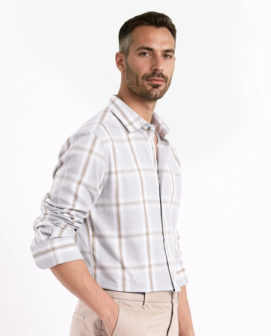 Rare Rabbit Men's Lorde Light Grey Cotton Checked Print Regular Fit Full Sleeve Collared Shirt
