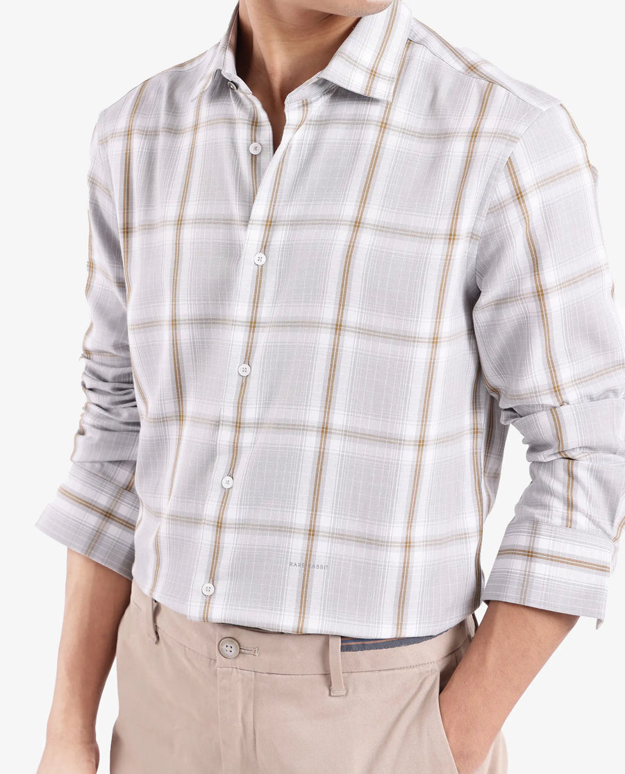 Rare Rabbit Men's Lorde Light Grey Cotton Checked Print Regular Fit Full Sleeve Collared Shirt