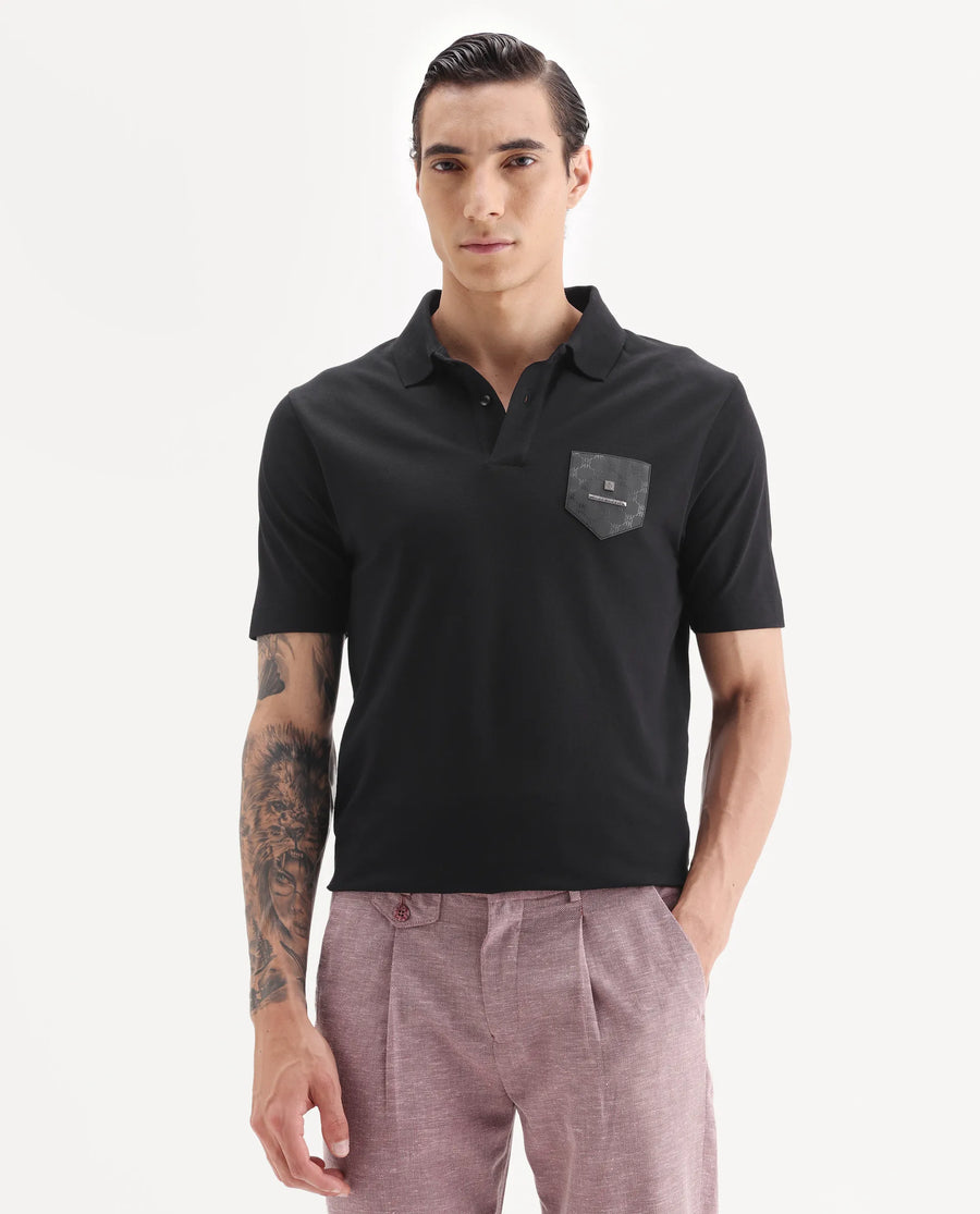 Rare Rabbit Men's Lorn Black Cotton Blend Fabric Half Sleeve Spread Collar Plain Polo