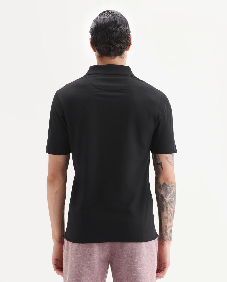 Rare Rabbit Men's Lorn Black Cotton Blend Fabric Half Sleeve Spread Collar Plain Polo