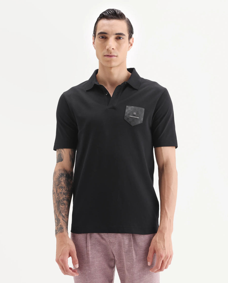 Rare Rabbit Men's Lorn Black Cotton Blend Fabric Half Sleeve Spread Collar Plain Polo