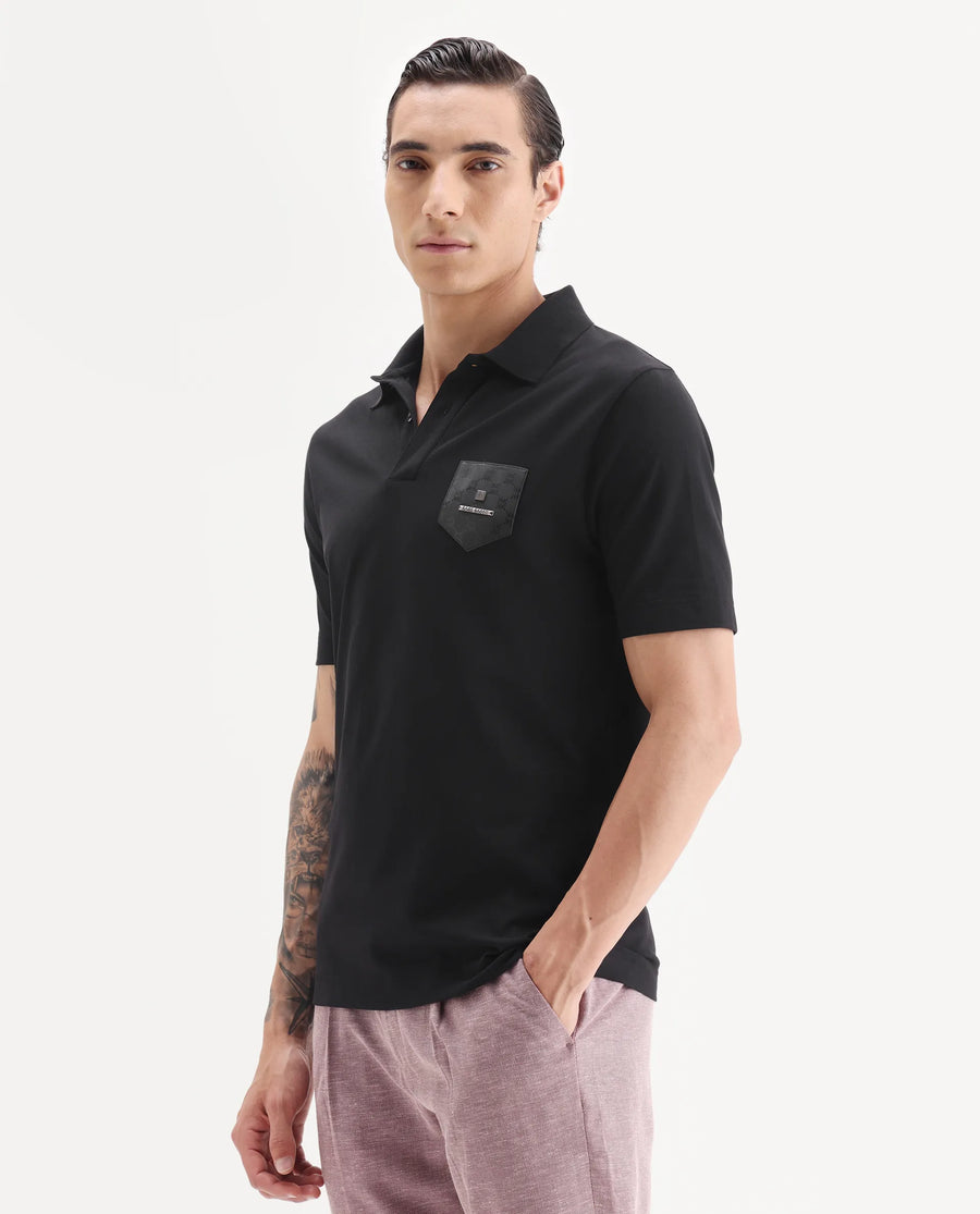 Rare Rabbit Men's Lorn Black Cotton Blend Fabric Half Sleeve Spread Collar Plain Polo