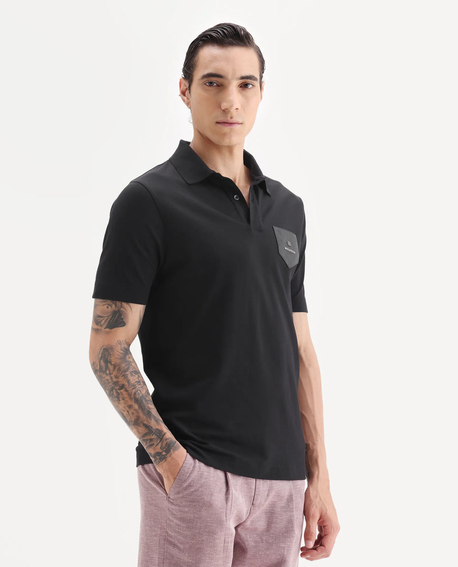 Rare Rabbit Men's Lorn Black Cotton Blend Fabric Half Sleeve Spread Collar Plain Polo