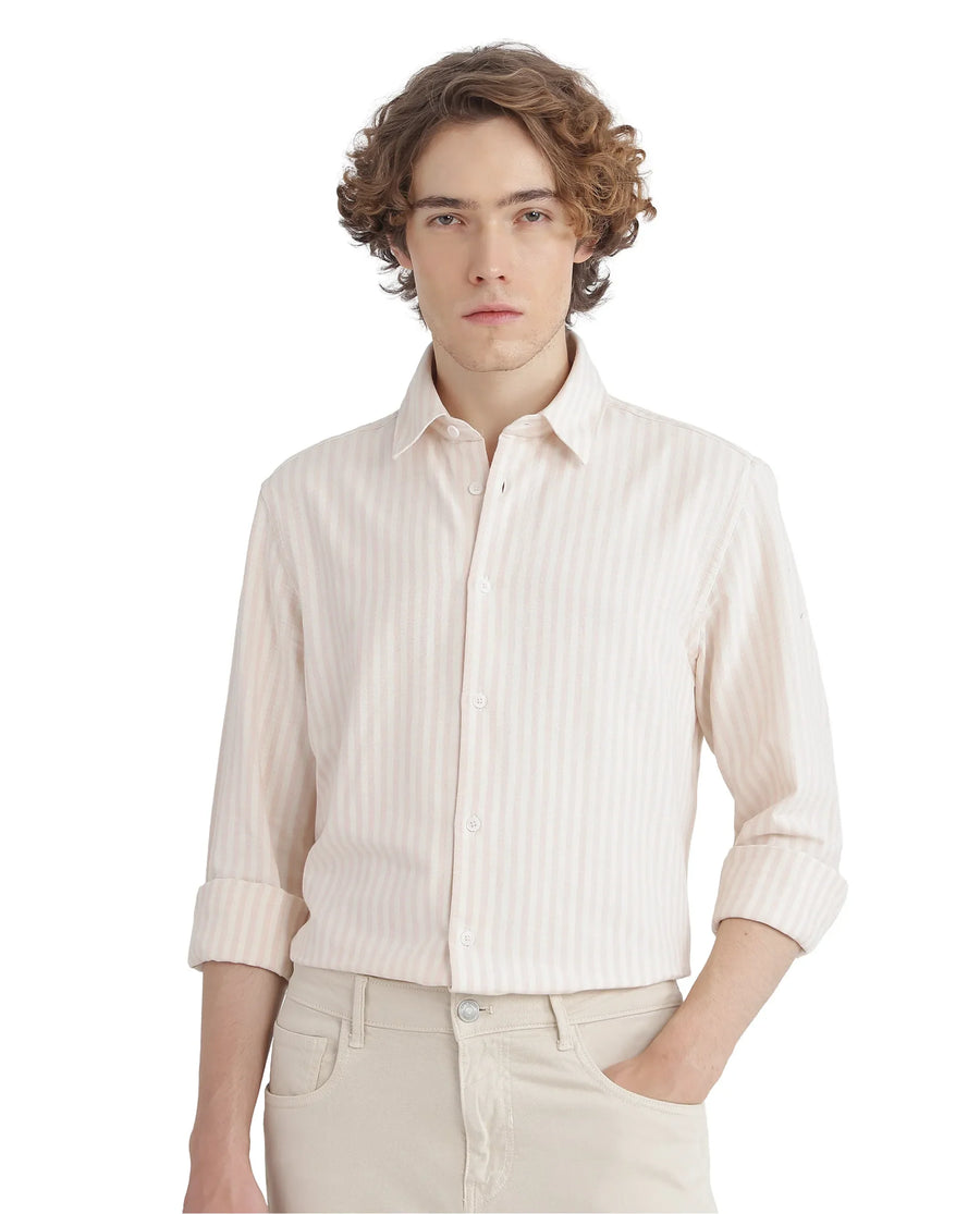 Rare Rabbit Men's Lorp Light Pink Cotton Striped Print Regular Fit Full Sleeve Collared Shirt