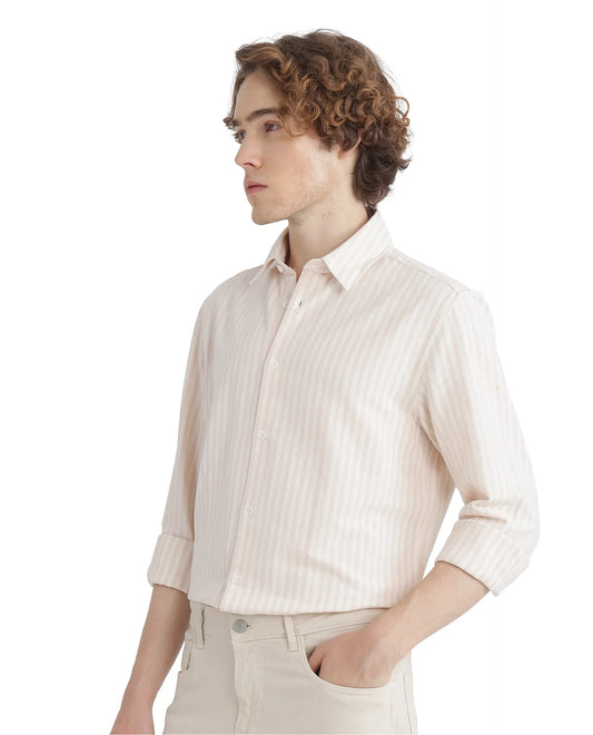 Rare Rabbit Men's Lorp Light Pink Cotton Striped Print Regular Fit Full Sleeve Collared Shirt