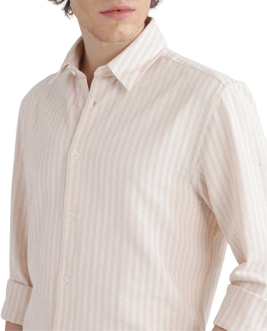 Rare Rabbit Men's Lorp Light Pink Cotton Striped Print Regular Fit Full Sleeve Collared Shirt