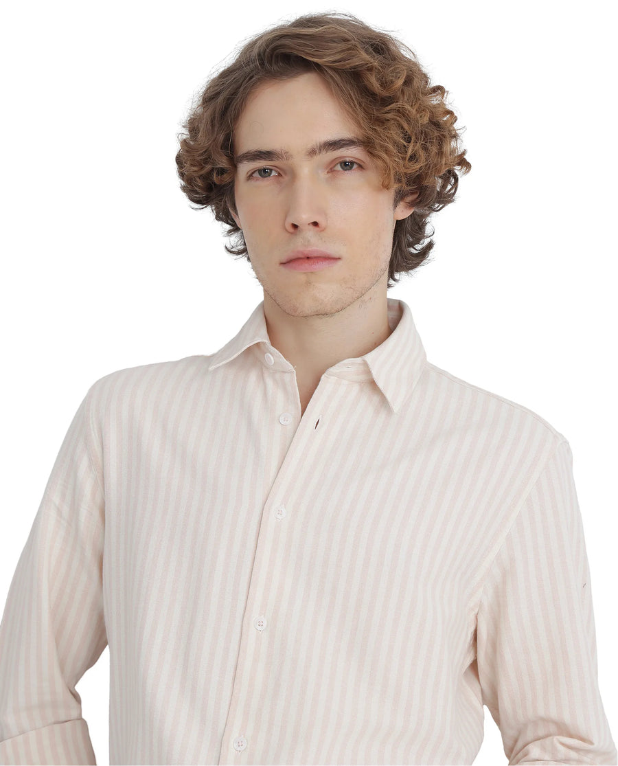 Rare Rabbit Men's Lorp Light Pink Cotton Striped Print Regular Fit Full Sleeve Collared Shirt