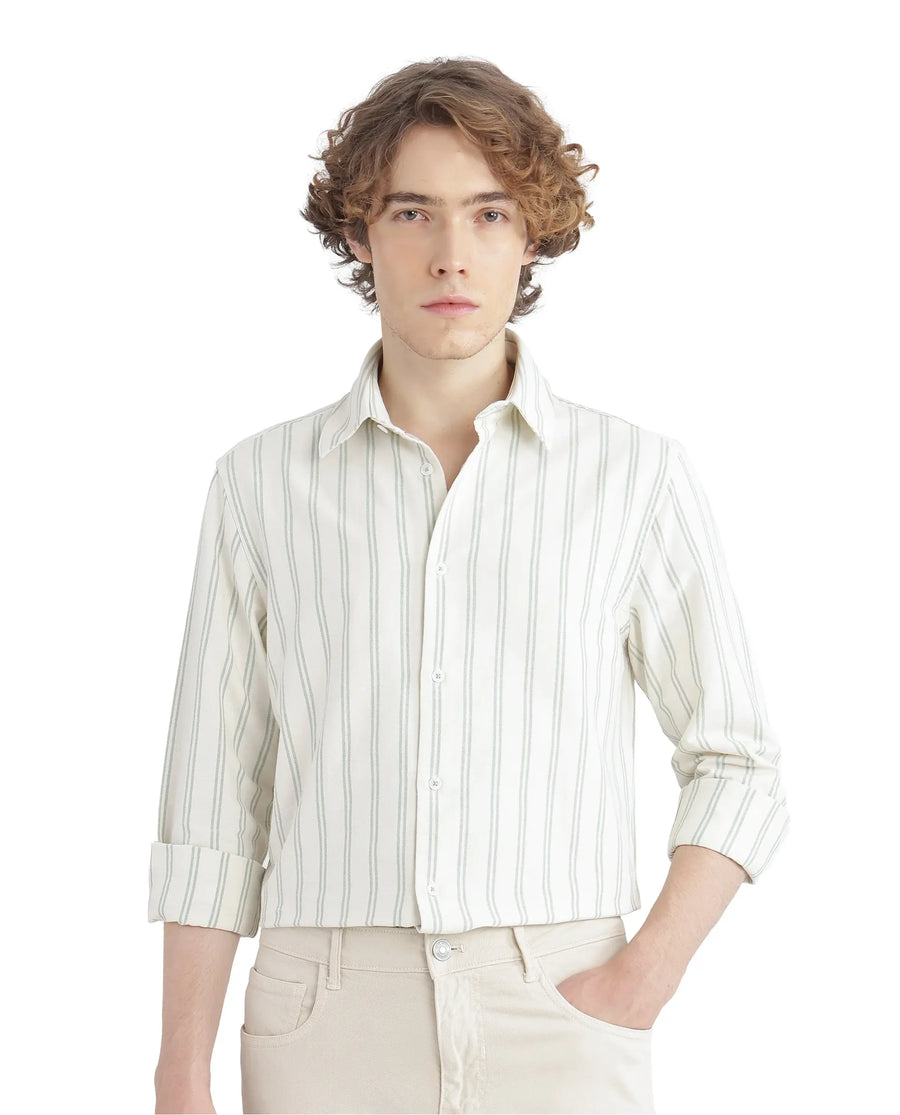 Rare Rabbit Men's Lorw Pastel Green Cotton Striped Print Regular Fit Full Sleeve Collared Shirt