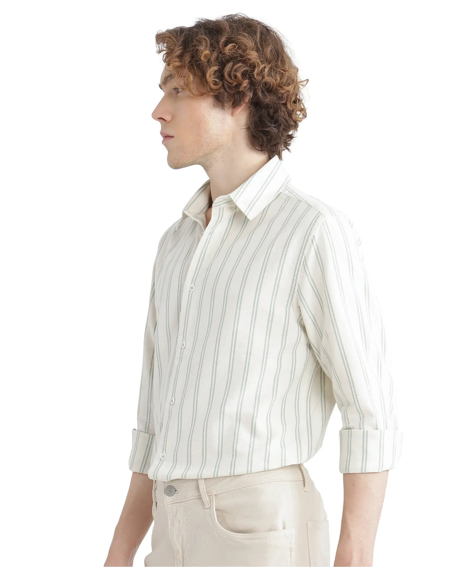 Rare Rabbit Men's Lorw Pastel Green Cotton Striped Print Regular Fit Full Sleeve Collared Shirt