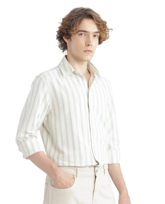 Rare Rabbit Men's Lorw Pastel Green Cotton Striped Print Regular Fit Full Sleeve Collared Shirt