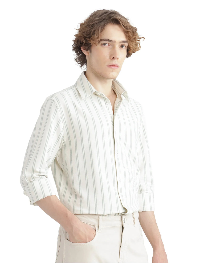 Rare Rabbit Men's Lorw Pastel Green Cotton Striped Print Regular Fit Full Sleeve Collared Shirt