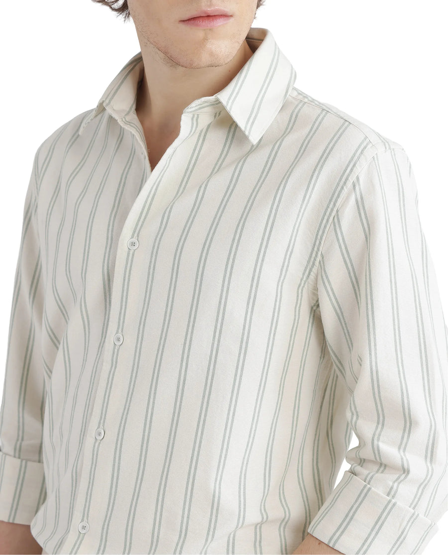 Rare Rabbit Men's Lorw Pastel Green Cotton Striped Print Regular Fit Full Sleeve Collared Shirt