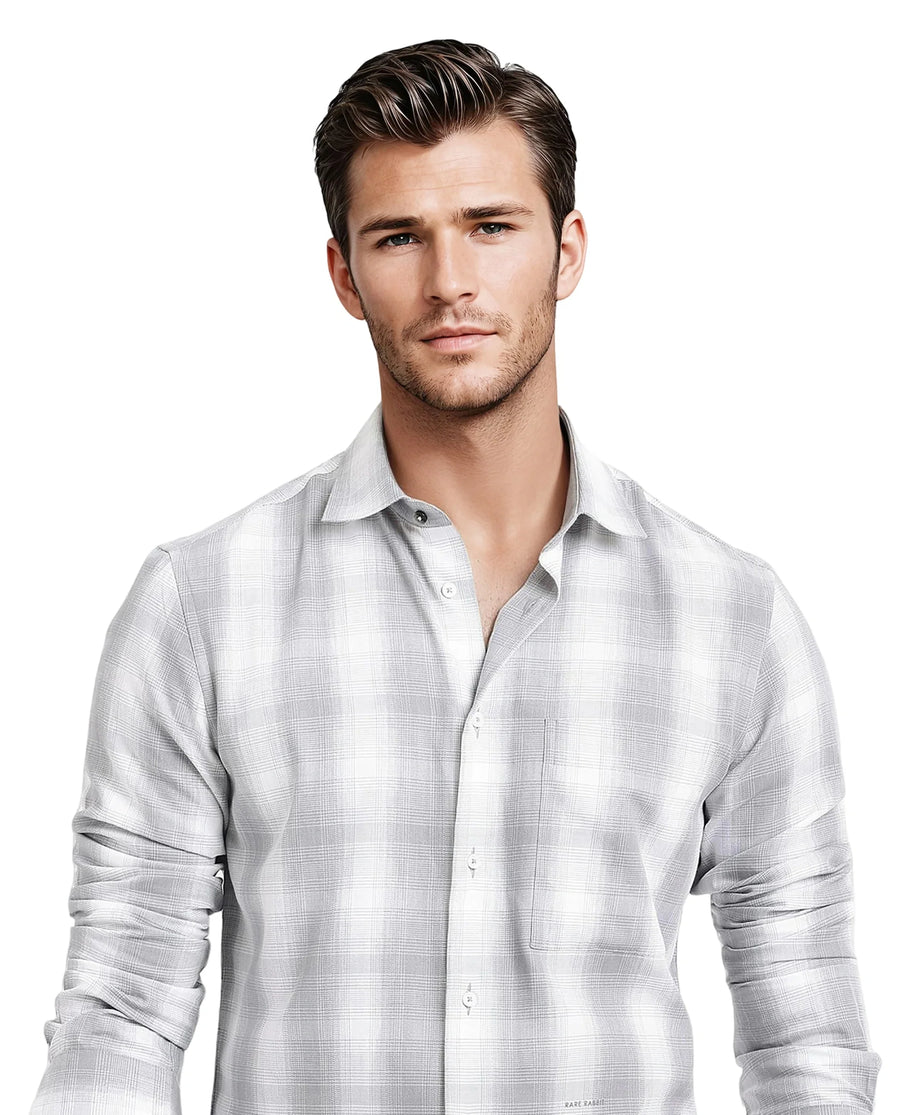 Rare Rabbit Men's Loto Grey Cotton Checked Print Regular Fit Full Sleeve Collared Shirt