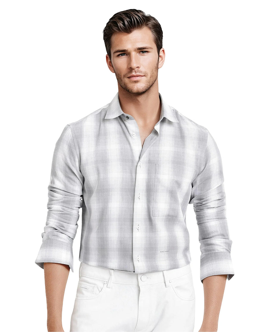 Rare Rabbit Men's Loto Grey Cotton Checked Print Regular Fit Full Sleeve Collared Shirt